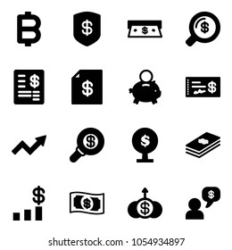 Solid vector icon set - bitcoin vector, safe, cash, money search, account statement, piggy bank, check, growth arrow, tree, dollar, chart, dialog