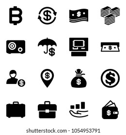 Solid vector icon set - bitcoin vector, dollar exchange, cash, big, safe, insurance, atm, account, pin, money bag, case, portfolio, growth, finance management