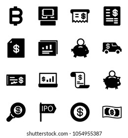 Solid vector icon set - bitcoin vector, atm, receipt, account statement, statistics report, piggy bank, encashment car, check, history, search money, ipo, dollar