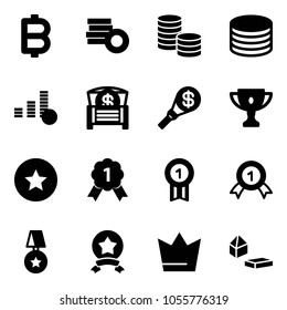 Solid vector icon set - bitcoin vector, coin, money chest, torch, gold cup, star medal, crown, constructor blocks