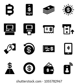 Solid vector icon set - bitcoin vector, mobile payment, dollar, sun, atm, receipt, cash pay, money back, check, finance management, identity card