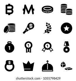 Solid vector icon set - bitcoin vector, monero, coin, money torch, golden branch, star medal, gold, finger ring, crown, constructor blocks