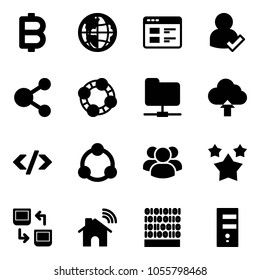 Solid vector icon set - bitcoin vector, globe, website, user check, share, friends, network folder, upload cloud, tag code, community, group, stars, data exchange, wireless home, binary, server