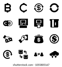Solid vector icon set - bitcoin vector, cent, dollar exchange, euro, atm, cash pay, purse, reload, data, information, cloud