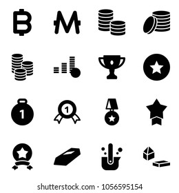 Solid vector icon set - bitcoin vector, monero, coin, gold cup, star medal, casting of steel, constructor blocks