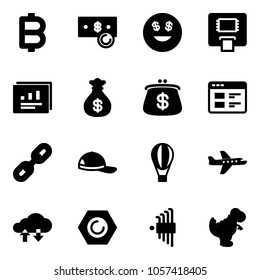 Solid vector icon set - bitcoin vector, cash, dollar smile, atm, statistics report, money bag, purse, website, link, cap, air balloon, plane, cloud exchange data, nut, allen key set, dinosaur toy