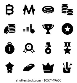 Solid vector icon set - bitcoin vector, monero, coin, gold cup, star medal, crown, casting of steel
