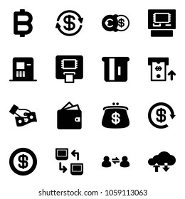 Solid vector icon set - bitcoin vector, dollar exchange, euro, atm, cash pay, wallet, purse, reload, data, information, cloud