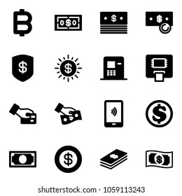 Solid vector icon set - bitcoin vector, dollar, cash, safe, sun, atm, card pay, mobile payment, money