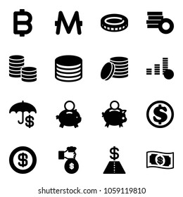 Solid vector icon set - bitcoin vector, monero, coin, insurance, piggy bank, dollar, rich, money