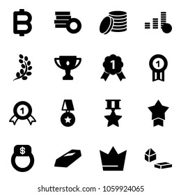 Solid vector icon set - bitcoin vector, coin, golden branch, gold cup, medal, star, finger ring, crown, constructor blocks