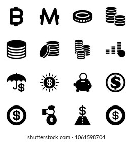 Solid vector icon set - bitcoin vector, monero, coin, insurance, dollar sun, piggy bank, rich