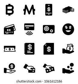 Solid vector icon set - bitcoin vector, monero, mobile payment, cash, credit card, tap pay, safe, dollar smile, annual report, account statement, investment