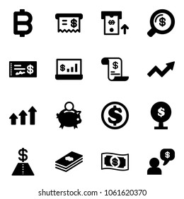 Solid vector icon set - bitcoin vector, receipt, atm, money search, check, account statistics, history, growth arrow, arrows up, piggy bank, dollar, tree, dialog