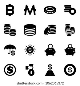 Solid vector icon set - bitcoin vector, monero, coin, insurance, dollar sun, piggy bank, rich