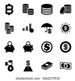 Solid vector icon set - bitcoin vector, coin, insurance, dollar sun, piggy bank, rich, money