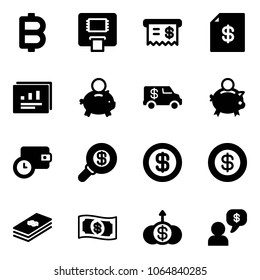 Solid vector icon set - bitcoin vector, atm, receipt, account statement, statistics report, piggy bank, encashment car, wallet time, search money, dollar, growth, dialog
