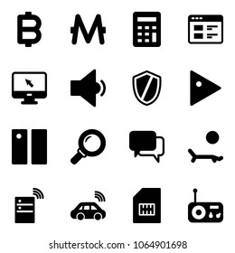 Solid vector icon set - bitcoin vector, monero, calculator, website, monitor cursor, low volume, shield, play, pause, magnifier, dialog, lounger, server wireless, car, sim, radio