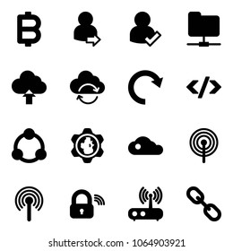 Solid vector icon set - bitcoin vector, user login, check, network folder, upload cloud, refresh, redo, tag code, community, gear globe, antenna, wireless lock, wi fi router, link