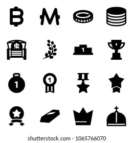 Solid vector icon set - bitcoin vector, monero, coin, money chest, golden branch, pedestal, win cup, gold medal, star, crown