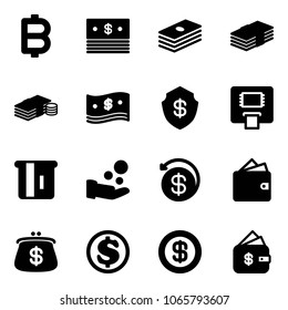 Solid vector icon set - bitcoin vector, dollar, cash, safe, atm, pay, money back, wallet, purse, finance management