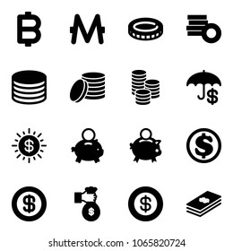 Solid vector icon set - bitcoin vector, monero, coin, insurance, dollar sun, piggy bank, rich