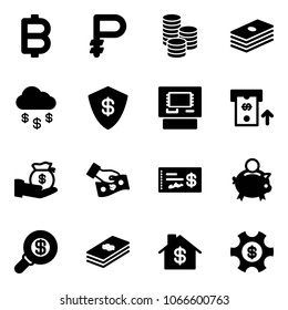 Solid vector icon set - bitcoin vector, ruble, coin, dollar, money rain, safe, atm, investment, cash pay, check, piggy bank, search, home, managemet