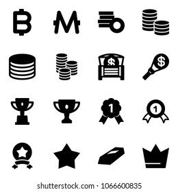 Solid vector icon set - bitcoin vector, monero, coin, money chest, torch, win cup, gold, medal, star, crown