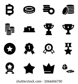 Solid vector icon set - bitcoin vector, coin, pedestal, win cup, gold, star medal, crown, constructor blocks