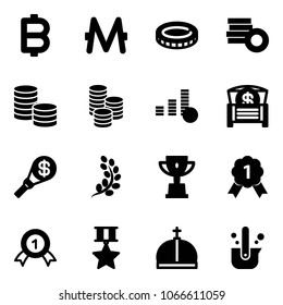 Solid vector icon set - bitcoin vector, monero, coin, money chest, torch, golden branch, win cup, gold medal, star, crown, casting of steel