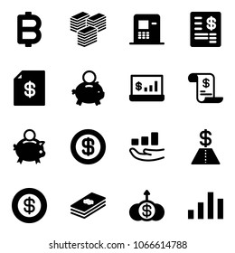 Solid vector icon set - bitcoin vector, big cash, atm, account statement, piggy bank, statistics, history, dollar, growth, chart