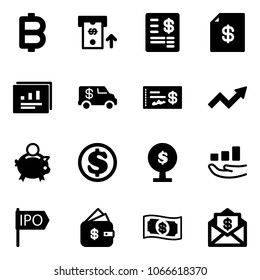 Solid vector icon set - bitcoin vector, atm, account statement, statistics report, encashment car, check, growth arrow, piggy bank, dollar, money tree, ipo, finance management, mail