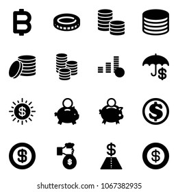 Solid vector icon set - bitcoin vector, coin, insurance, dollar sun, piggy bank, rich