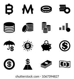 Solid vector icon set - bitcoin vector, monero, coin, insurance, dollar sun, piggy bank, money