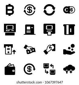 Solid vector icon set - bitcoin vector, dollar exchange, euro, atm, cash pay, wallet, reload, data, cloud