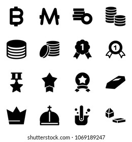 Solid vector icon set - bitcoin vector, monero, coin, gold medal, star, crown, casting of steel, constructor blocks