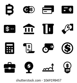 Solid vector icon set - bitcoin vector, euro dollar, credit card, tap pay, bank, atm, cash, calculator, account history, wallet time, portfolio, money tree, growth, business idea