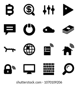 Solid vector icon set - bitcoin vector, money click, settings, play, chat, standby, cloud, dollar, lounger, globe, server wireless, home, lock, monitor, binary code, magnifier