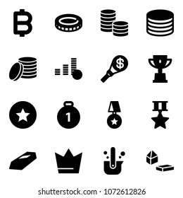 Solid vector icon set - bitcoin vector, coin, money torch, win cup, star medal, gold, crown, casting of steel, constructor blocks