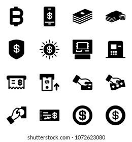 Solid vector icon set - bitcoin vector, mobile payment, dollar, cash, safe, sun, atm, receipt, card pay, check