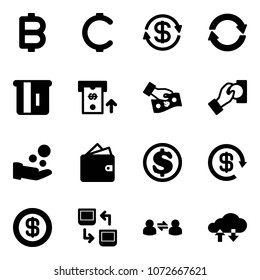 Solid vector icon set - bitcoin vector, cent, dollar exchange, atm, cash pay, wallet, reload, data, information, cloud