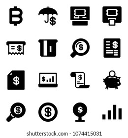 Solid vector icon set - bitcoin vector, insurance, atm, receipt, money search, account statement, statistics, history, piggy bank, dollar, tree, chart