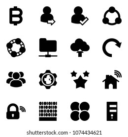 Solid vector icon set - bitcoin vector, user login, check, social, friends, network folder, upload cloud, redo, group, gear globe, stars, wireless home, lock, binary code, atom core, server