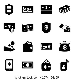 Solid vector icon set - bitcoin vector, dollar, cash, safe, card pay, wallet, check, purse, mobile payment, money, finance management, identity