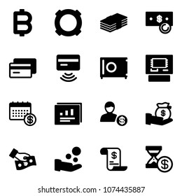 Solid vector icon set - bitcoin vector, currency, dollar, cash, credit card, tap pay, safe, atm, calendar, statistics report, account, investment, history