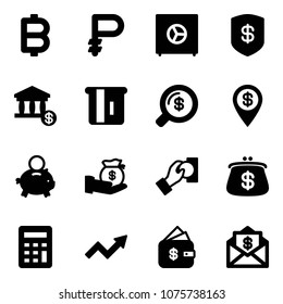 Solid vector icon set - bitcoin vector, ruble, safe, account, atm, money search, dollar pin, piggy bank, investment, cash pay, purse, calculator, growth arrow, finance management, mail