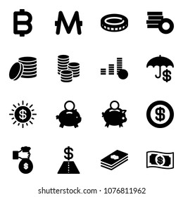 Solid vector icon set - bitcoin vector, monero, coin, insurance, dollar sun, piggy bank, rich, money