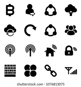Solid vector icon set - bitcoin vector, user login, social, upload cloud, refresh, redo, community, group, antenna, wireless home, lock, binary code, atom core, link, fine signal