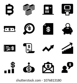 Solid vector icon set - bitcoin vector, big cash, atm, money search, account statement, piggy bank, check, history, growth arrow, dollar chart, mail, dialog