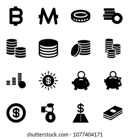 Solid vector icon set - bitcoin vector, monero, coin, dollar sun, piggy bank, rich